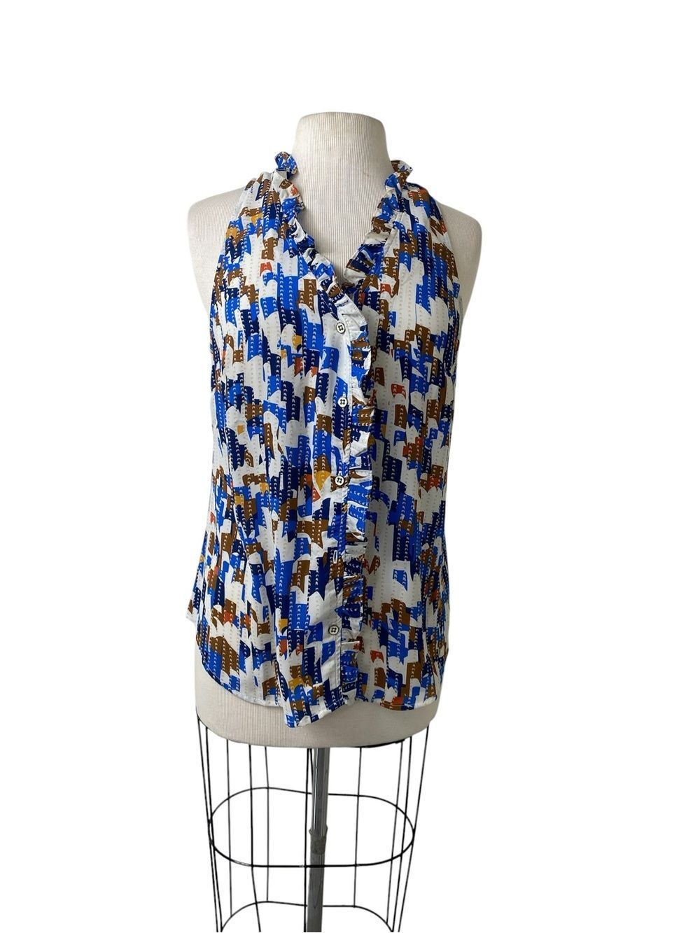CAbi Blue & Brown Abstract Ruffle-Trim Button Tank